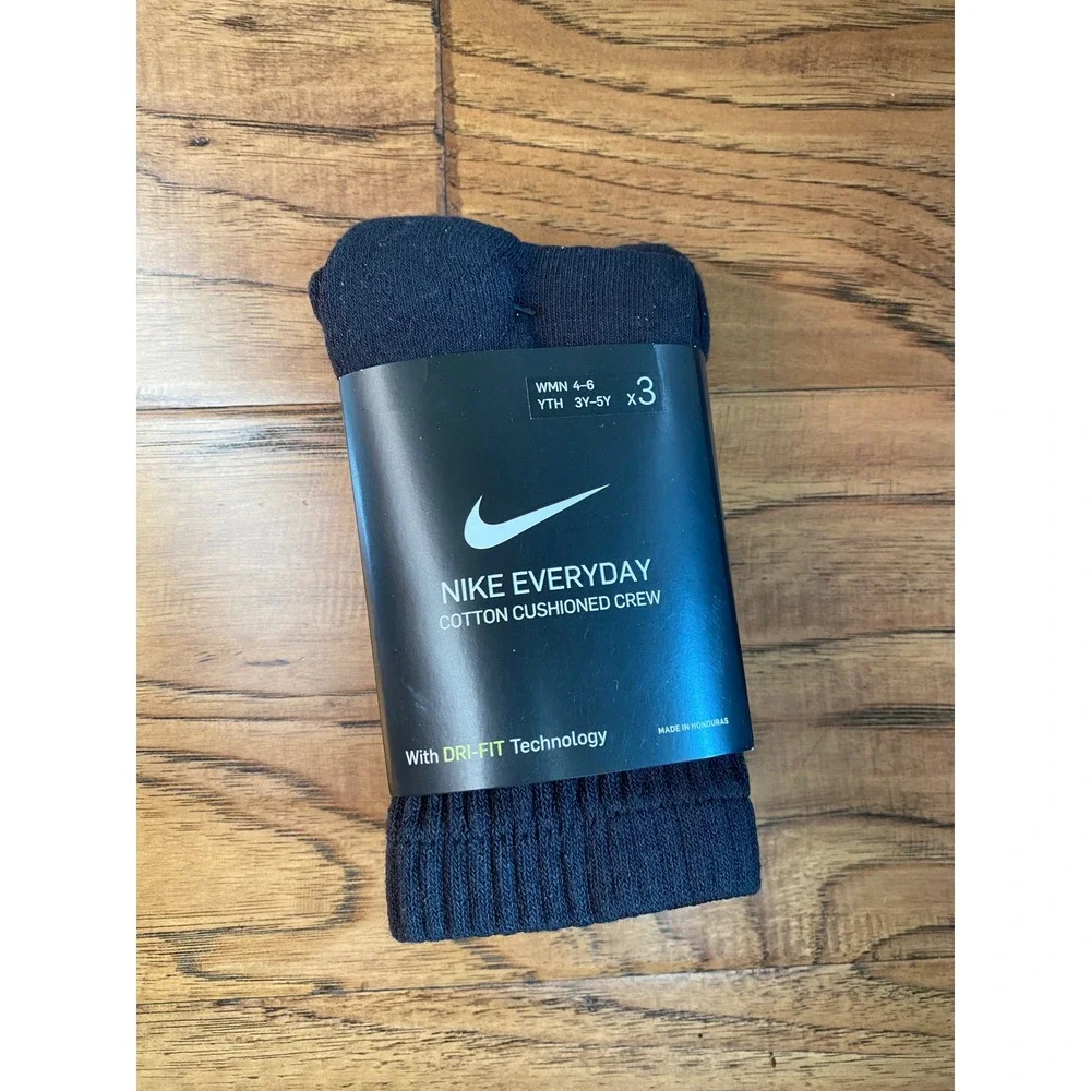 Nike Everyday Cotton Cushioned Crew Socks Black 3 Pair Dri-FIT WMN 4-6 YTH 3Y-5Y